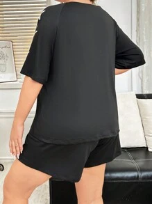 Raglan Sleeve Simple Star Print Casual Comfy Pullover Pajama Set - Black - View 2