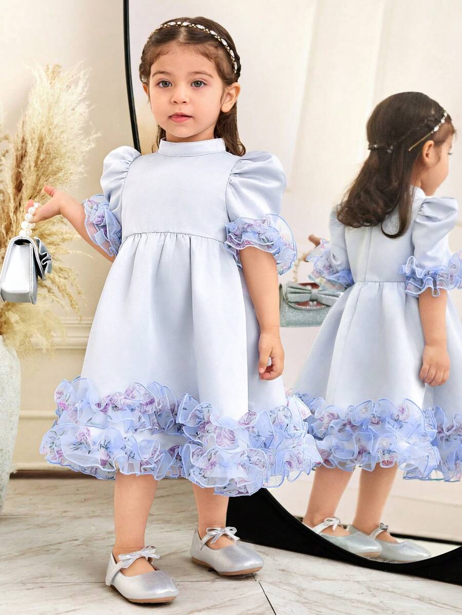 SHEIN 女婴立领短袖荷叶边缎面中长连衣裙 - 藍色 - 查看 1