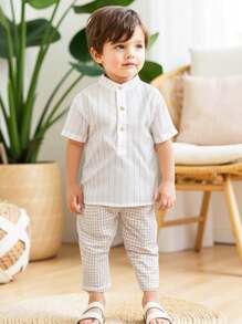 SHEIN Baby Boy 2pcs Short Sleeve Solid Stand Collar Top & Elastic Waist Plaid Long Pants Set - Multicolor - View 1