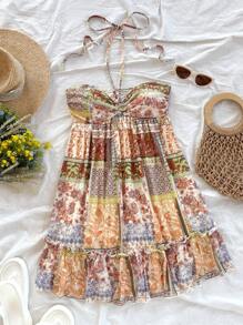 Soleia 大码女式度假彩色复古印花抽绳前后系带分层迷你连衣裙，音乐节服装 - 彩色 - 查看 2