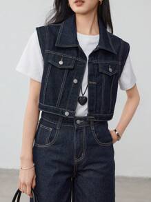 Dazy-Less Women Short Denim Vest Top - Dark Wash - View 7