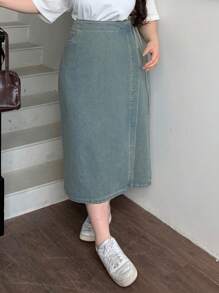 Dazy Plus 大码水洗做旧直筒系带连体牛仔裙，适合所有季节秋冬 - 藍色 - 查看 3
