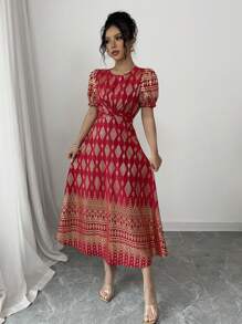 Elenzga Women's 2025 New Model Slim Fit Gold Foil Floral Pattern Puff Sleeve Mid-Length Dress - Red - View 1