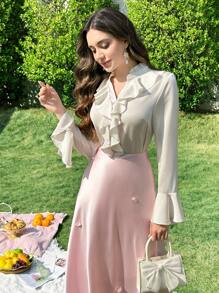 Modelyn 女士优雅纯色荷叶边喇叭袖衬衫