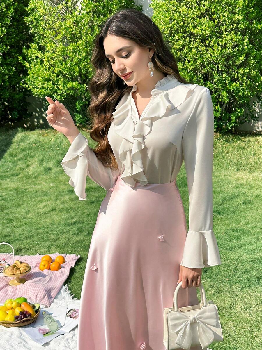 Modelyn 女士优雅纯色荷叶边喇叭袖衬衫