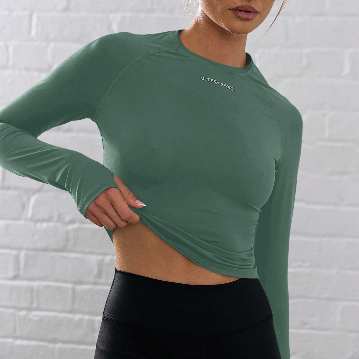 Camiseta ajustada de manga larga con agujero para el pulgar y logo, apta para pádel, tenis, pickleball, gimnasio, fitness, yoga, pilates y uso casual