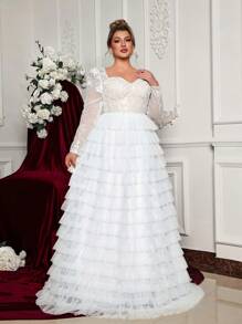 Glamrae 大码优雅白色对比心形领长袖透明刺绣拼布薄纱 A 字型婚纱 - 白色 - 查看 5