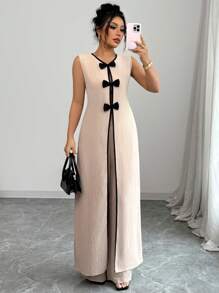 SHEIN Elenzya 2件套女士蝴蝶结装饰无袖加长上衣和女士长裤 - 卡其色 - 查看 5