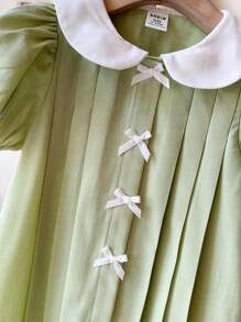 SHEIN Baby Girl Cute Green Peter Pan Collar Bow Short Sleeve Dress For Summer - Green - View 3