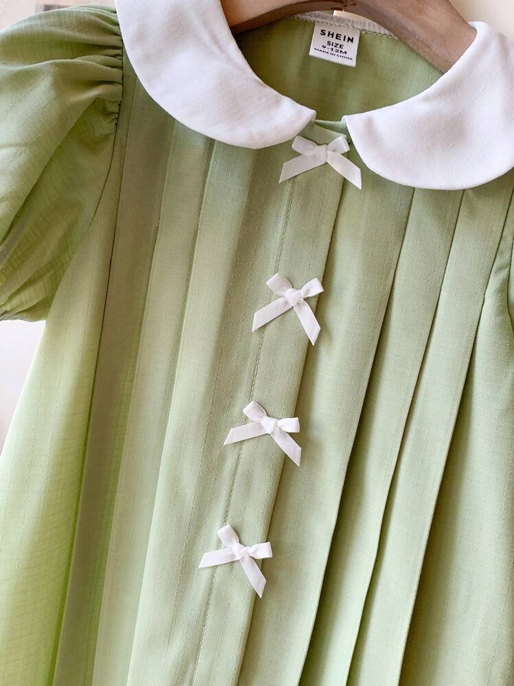 SHEIN Baby Girl Cute Green Peter Pan Collar Bow Short Sleeve Dress For Summer - Green - View 3