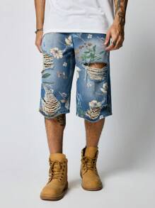 ROMWE MEN Street Life Men's Floral Print Pocket Ripped 7/8 Jeans Vacation