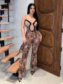 SHEIN SXY Women's Solid Color Splicing Spaghetti Strap Casual Slim Romper,Leopard Print,Club Outfits Women Sexy,Going Out,Gyaru,Spring,Summer - Multicolor - View 5