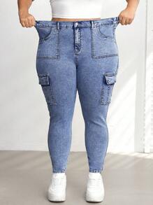 SHEIN CURVE+ Quần Jeans Skinny Lưng Cao Co Giãn Cỡ Lớn Có Túi Hộp, Mùa Hè - Màu xanh lam - Xem 3