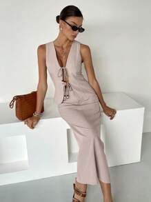 SHEIN Essnce 波西米亚风假日杏色蝴蝶结背心和修身开衩长裙两件套女式纯色前系带无袖上衣和迷你裙套装，极简主义风格