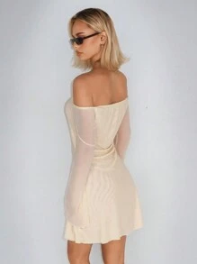 SHEIN ICON Sheer Mesh Off Shoulder Long Sleeve Dress - Apricot - View 2
