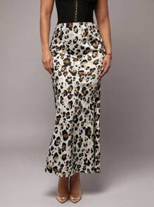 Silquee 女士优雅缎面豹纹长裙，适合通勤、办公室、日常穿着、派对、舞会、工作、聚会、春季及所有季节 - 銅色 - 查看 3