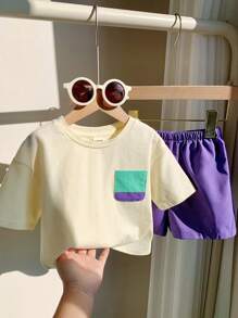 SHEIN 2pcs/Set Baby Boy Casual Korean Style Color Block Patch Pocket Crew Neck Pullover T-Shirt And Solid Woven Shorts Set, Suitable For Spring & Summer - Purple - View 1
