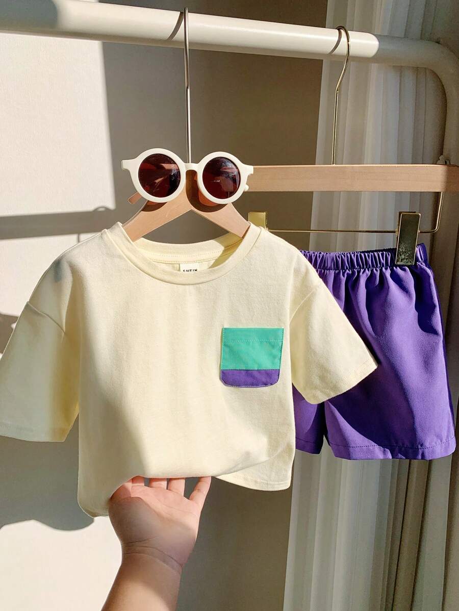 SHEIN 2pcs/Set Baby Boy Casual Korean Style Color Block Patch Pocket Crew Neck Pullover T-Shirt And Solid Woven Shorts Set, Suitable For Spring & Summer - Purple - View 1