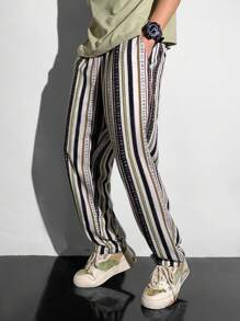 SHEIN Teen Boy Pocket Striped Minimalist Casual Long Pants, Everyday Wear - Multicolor - View 1