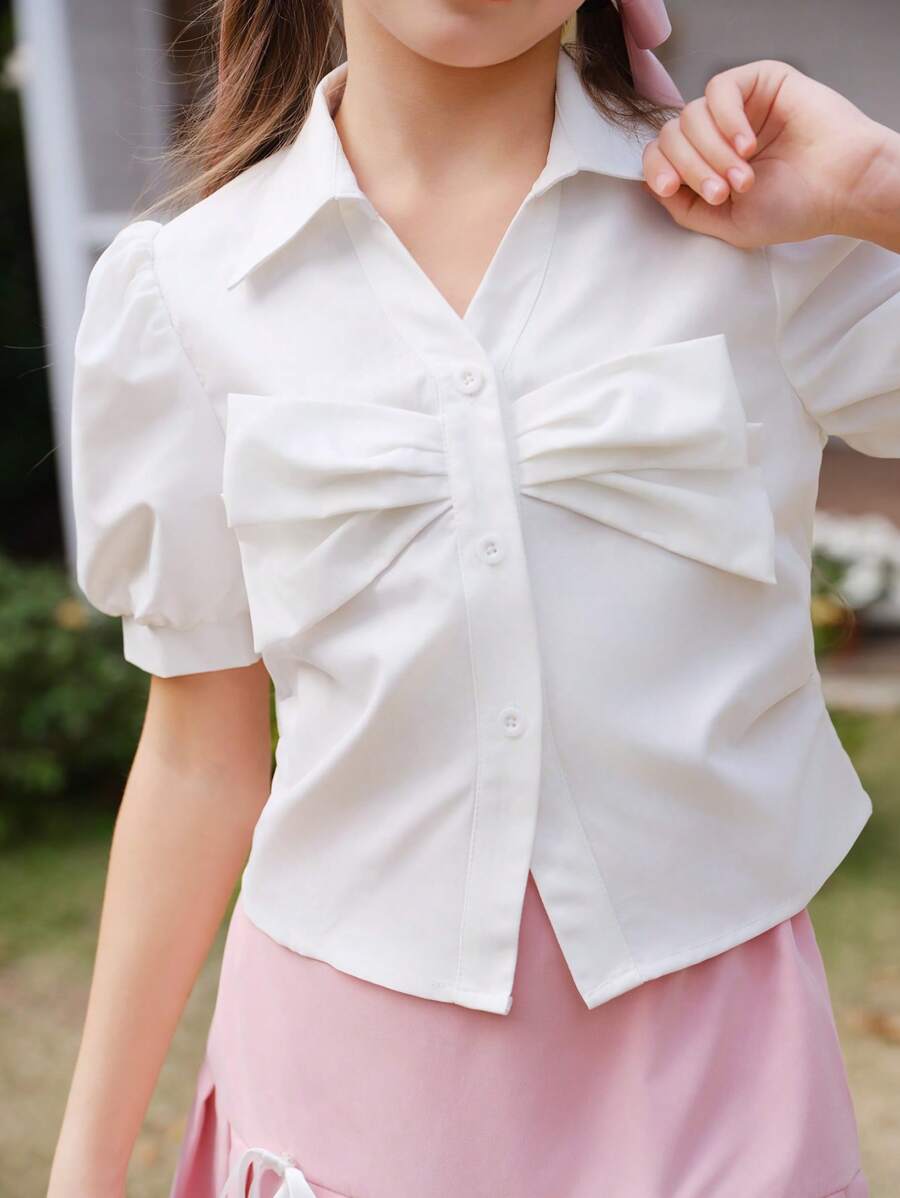 SHEIN 少女白色腰部短上衣，3D 黑色蝴蝶结点缀，短泡泡袖，优雅校园风格 - 白色 - 查看 1