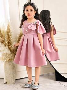 SHEIN Leap Crew Young Girl Elegant Exclusive Asymmetric Large Bow Satin Dress Gown - Pink - View 4