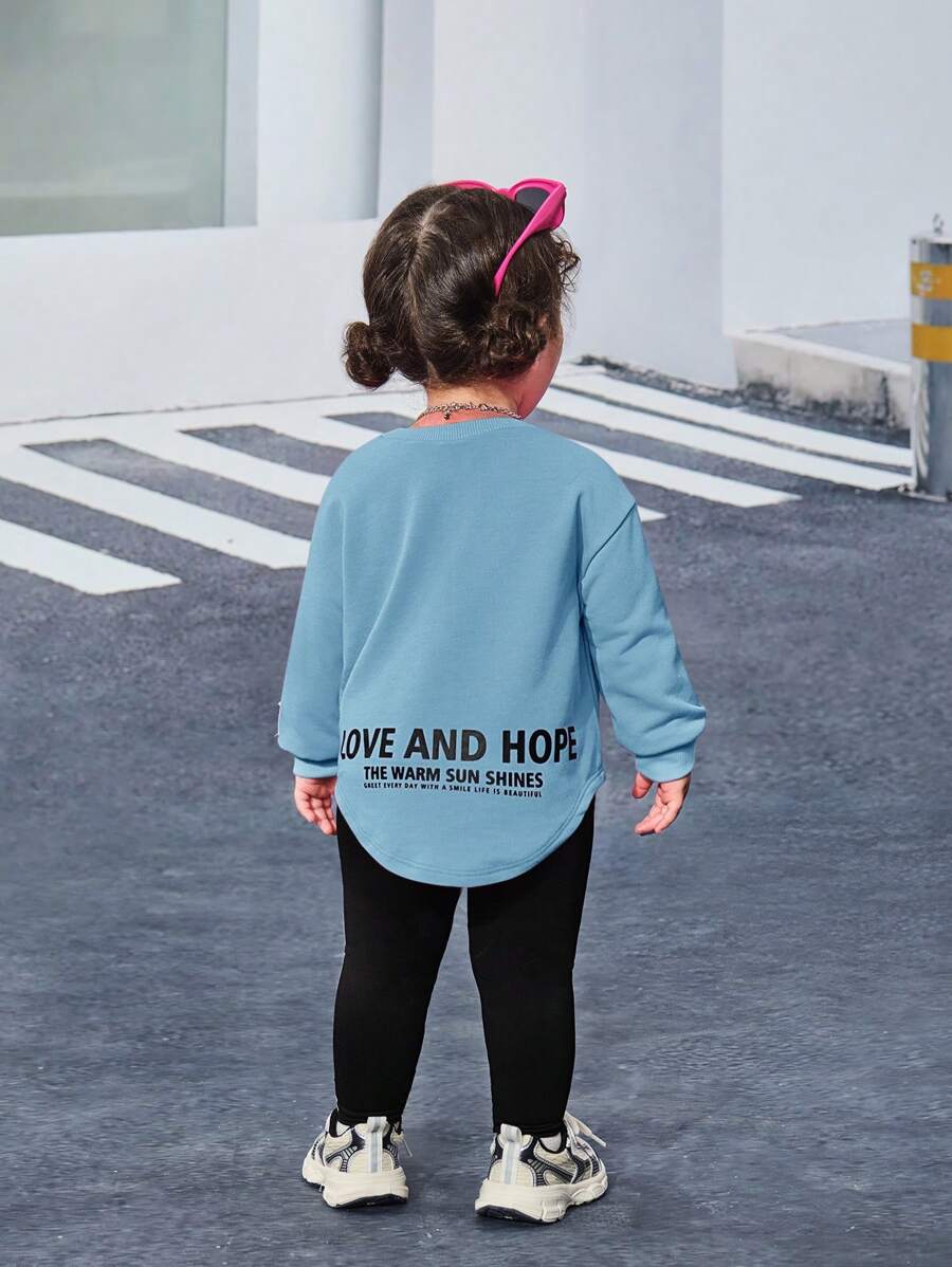 SHEIN 女婴可爱字母印花不对称针织上衣配松紧腰裤套装，秋冬