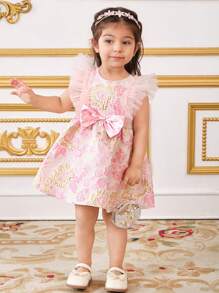 SHEIN Leap Crew Baby Girl Elegant Chiffon Dress With Jacquard Weave, Flutter Sleeves, Bow Decor, Ruched Swing Hem, Formal Dress, Pink - Pink - View 6