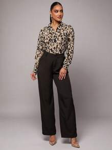 Silquee 女士性感通勤办公室优雅透明雪纺长袖领扣豹纹动物印花长袖衬衫，适合日常、夜间外出、派对、舞会、工作、女孩聚会、春季穿着、四季半透明雪纺衬衫 - 巧克力棕 - 查看 3