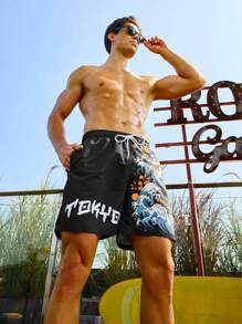 Manfinity Men's Dragon Print Drawstring Waist Beach Shorts - Multicolor - View 3