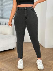 SHEIN EZwear 大码高腰洗水做旧紧身休闲裤 - 黑色 - 查看 6