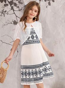 SHEIN Tween-Mädchen 2-teiliges Set mit kurzärmligem Crop-Top Unifarben und ärmellosem Kleid mit geometrischem Print - Weiss - Übersicht 4