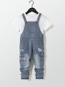 小男孩个性化百搭舒适休闲度假街头酷炫时尚无弹力薄款牛仔背带裤，春秋