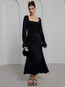 SHEIN Unity 优雅复古法式方领收腰荷叶边超长女式连衣裙 - 黑色 - 查看 3
