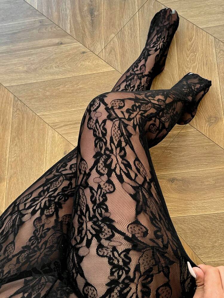 GalTyme Plus Size Lace Sheer Skinny Minimalist Leggings, Casual Daily Wear - Black - View 5