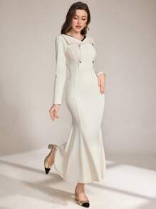 Modelyn Spring New V-Neck Hollow Lace Elegant Design Fitted Fishtail Dress