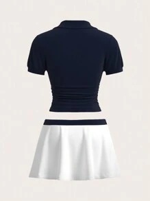 SHEIN ICON Women Y2k Short Sleeve Letter Print T-Shirt And Contrast Color Mini Tennis Skirt 2pcs Set,Everyday Wear,Sporty Style