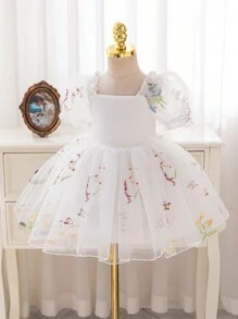 SHEIN Glamorique Kids 女童白色网眼花叶刺绣蓬松连衣裙，适合花童、复活节、生日派对、婚礼、节日、舞台表演、拍照，四季舒适 - 白色 - 查看 4