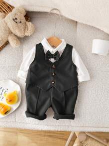 SHEIN 3件套新生儿男/女宝宝可爱秋季绅士套装，包括背心、纯色长袖衬衫、连体衣和裤子，适合生日派对、庆典、婚礼、洗礼、庆祝活动等场合。 - 黑色 - 查看 3