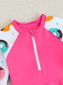 Girls 2pcs Bikini Set, Suspender Crop Top With Cute Donut Pattern Zipper & Printed Pants, Splicing Design - Multicolor - View 5