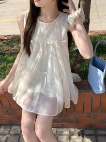 DAZY 女士甜美蝴蝶欧根纱拼布背心，可爱青春，无袖夏季娃娃装上衣 - 杏色 - 查看 1