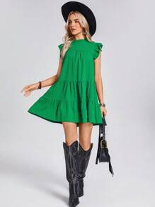 SHEIN LUNE Western Boho Women Short Dresses St Patrick Day Spring/Summer Layered Ruffle Trim Green Women Short Dress - Green - View 3