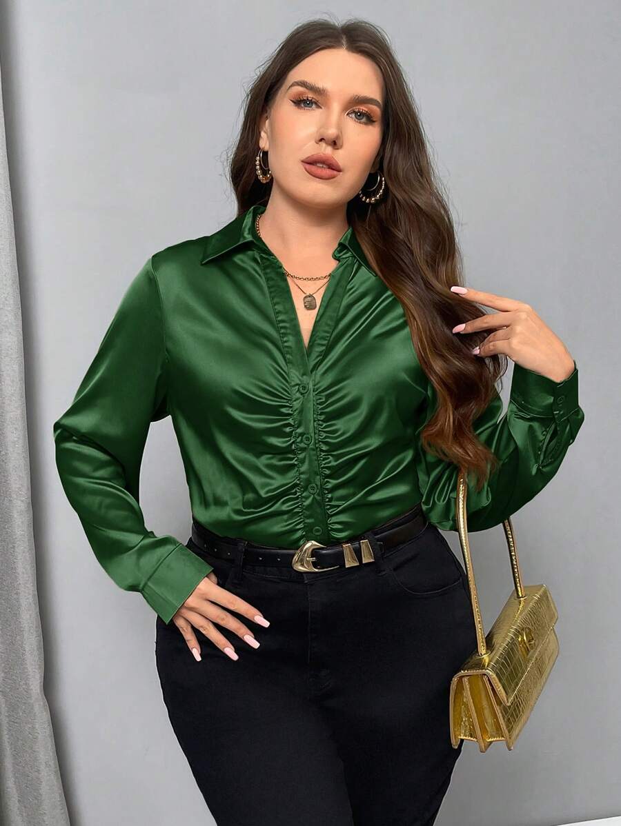 Firerie Plus Size Women Party Gold Elegant Solid Color Pleated Design Blouse - Dark Green - View 1