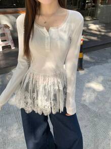 DAZY 女士圆领蕾丝拼接长袖纽扣前开襟简约休闲上衣，日常穿着，秋季女装 - 白色 - 查看 1