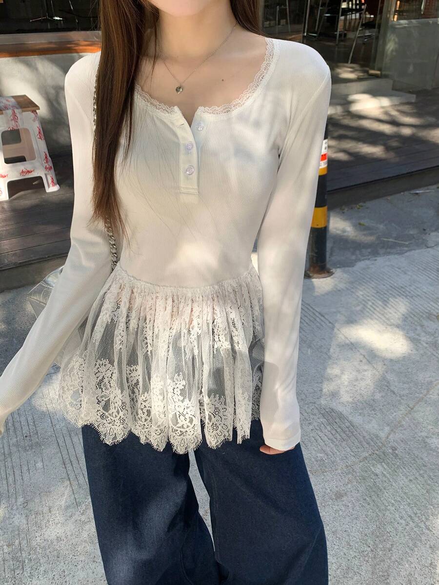 DAZY 女士圆领蕾丝拼接长袖纽扣前开襟简约休闲上衣，日常穿着，秋季女装 - 白色 - 查看 1