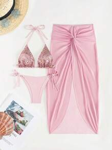 SHEIN Swim 3 件套女士夏季海滩度假性感亮片吊带上衣、纯色侧系带下装和透明网眼裙比基尼套装