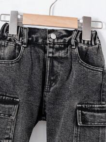 男孩幼儿宽松直筒双口袋洗水黑灰色牛仔裤，休闲百搭校园风格