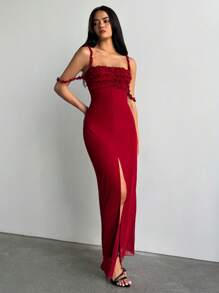 Aloruh 女士优雅纯色酒红色复古性感荷叶边细肩带连衣裙，适合约会、下午茶、舞会、派对、情人节、情人节服装、女士连衣裙、优雅连衣裙、女士节日服装、女士夏季服装、女士红色连衣裙、女士生日连衣裙 - 紅色 - 查看 6