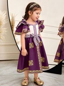 SHEIN Leap Crew Baby Girl Elegant & Graceful Ruffle Patchwork Fitted Mid-Length Dress - Purple - View 6