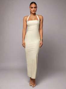 Silquee Solid Color Cream Romantic Valentine's Day & Date Night Vacation Women's Linen Color Pleated Hem Halter Dress, Valentine's Day Dress, Twill Party Dress, Romantic Date Dress, Wedding Bridesmaid Maxi Dress, Formal Ball Gown Dress, Casual Work Dress, White Dress, Birthday Maxi Dress, Vacation Dress,Sexy Office Wear,Old Money,Festival Outfits,Summer Classic,Old Money Style Maxi Dress,Twill Maxi Dress,Casual Office Maxi Dress,Linen Color Dress - White - View 4