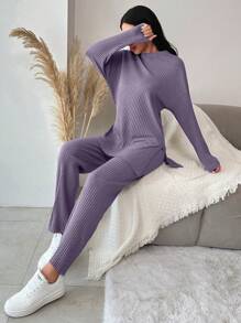 EURMUSE Set de 2 piezas de algodón con top y pantalones de unicolor y diseño sencillo - Lila Púrpura - Ver 6